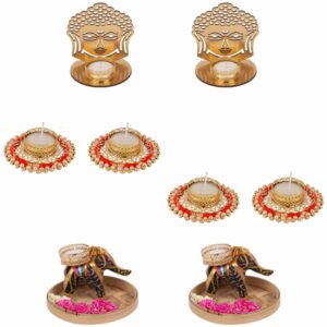 AccessHer Diwali Decor 1 Metal Buddha Shadow Tealight Candle Holder, Set of 2 Pearl Telight Candle Holders, 1 Table Centerpiece Decoration-D20BP4T3_2