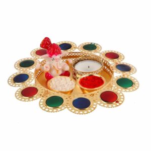 AccessHer Elegant Designer Golden Puja Thali/Rakhi Platter/Tilak Thali with Two Katoris and Ganpati Idol-Diwalith01