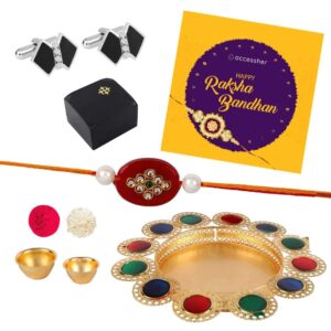 AccessHer Elegant Gold Rakhi Gift Set with Acrylic Pooja Thali, Roli Kumkum and bow shaped Cufflinks for men with a Happy Rakhshabadhan card for Brother- COMCL106SBTH4