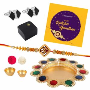 AccessHer Elegant Gold Rakhi Gift Set with Acrylic Pooja Thali, Roli Kumkum and bow shaped Cufflinks for men with a Happy Rakhshabadhan card for Brother- COMCL106SBTH6