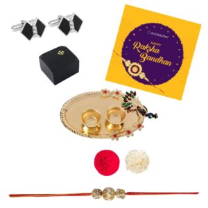 AccessHer Elegant Gold Rakhi Gift Set with Acrylic Pooja Thali, Roli Kumkum and bow shaped Cufflinks for men with a Happy Rakhshabadhan card for Brother- COMCL106SBRKD2