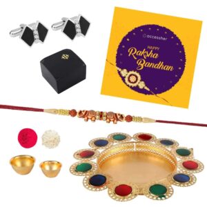 AccessHer Elegant Gold Rakhi Gift Set with Acrylic Pooja Thali, Roli Kumkum and bow shaped Cufflinks for men with a Happy Rakhshabadhan card for Brother- COMCL106SBTH9