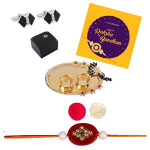 AccessHer Elegant Gold Rakhi Gift Set with Acrylic Pooja Thali, Roli Kumkum and bow shaped Cufflinks for men with a Happy Rakhshabadhan card for Brother- COMCL106SBRKD4