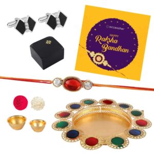 AccessHer Elegant Gold Rakhi Gift Set with Acrylic Pooja Thali, Roli Kumkum and bow shaped Cufflinks for men with a Happy Rakhshabadhan card for Brother- COMCL106SBTH1
