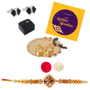 AccessHer Elegant Gold Rakhi Gift Set with Acrylic Pooja Thali, Roli Kumkum and bow shaped Cufflinks for men with a Happy Rakhshabadhan card for Brother- COMCL106SBRKD6