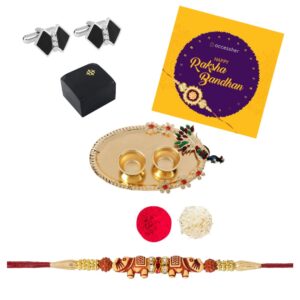 AccessHer Elegant Gold Rakhi Gift Set with Acrylic Pooja Thali, Roli Kumkum and bow shaped Cufflinks for men with a Happy Rakhshabadhan card for Brother- COMCL106SBRKD9