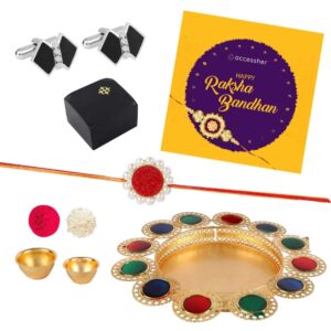 AccessHer Elegant Gold Rakhi Gift Set with Acrylic Pooja Thali, Roli Kumkum and bow shaped Cufflinks for men with a Happy Rakhshabadhan card for Brother- COMCL106SBTH22