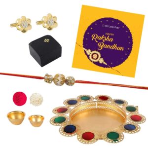 AccessHer Elegant Gold Rakhi Gift Set with Acrylic Pooja Thali, Roli Kumkum and gold plated AD Cufflinks for men with a Happy Rakhshabadhan card for Brother- COMCL102GWTH2