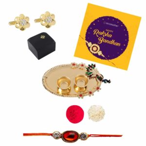 AccessHer Elegant Gold Rakhi Gift Set with Acrylic Pooja Thali, Roli Kumkum and gold plated AD Cufflinks for men with a Happy Rakhshabadhan card for Brother- COMCL102GWRKD1