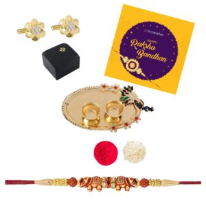 AccessHer Elegant Gold Rakhi Gift Set with Acrylic Pooja Thali, Roli Kumkum and gold plated AD Cufflinks for men with a Happy Rakhshabadhan card for Brother- COMCL102GWRKD9