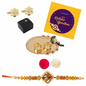 AccessHer Elegant Gold Rakhi Gift Set with Acrylic Pooja Thali, Roli Kumkum and gold plated AD Cufflinks for men with a Happy Rakhshabadhan card for Brother- COMCL102GWRKD6