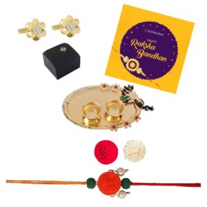 AccessHer Elegant Gold Rakhi Gift Set with Acrylic Pooja Thali, Roli Kumkum and gold plated AD Cufflinks for men with a Happy Rakhshabadhan card for Brother- COMCL102GWRKD3