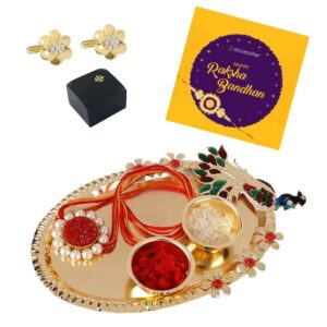 AccessHer Elegant Gold Rakhi Gift Set with Acrylic Pooja Thali, Roli Kumkum and gold plated AD Cufflinks for men with a Happy Rakhshabadhan card for Brother- COMCL102GWRKD22
