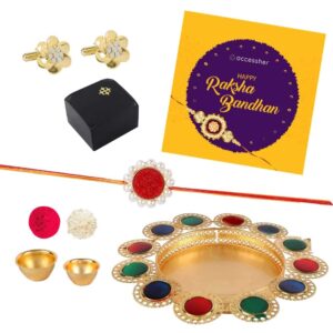 AccessHer Elegant Gold Rakhi Gift Set with Acrylic Pooja Thali, Roli Kumkum and gold plated AD Cufflinks for men with a Happy Rakhshabadhan card for Brother- COMCL102GWTH22