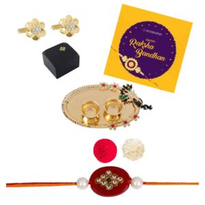 AccessHer Elegant Gold Rakhi Gift Set with Acrylic Pooja Thali, Roli Kumkum and gold plated AD Cufflinks for men with a Happy Rakhshabadhan card for Brother- COMCL102GWRKD4