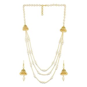 ACCESSHER Enamel Pearls and Jhumki Layered Necklace with Matching Dangle Drop Earrings