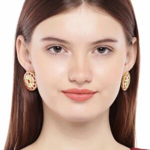 Traditional Floral Gold Plated Brass Polki and Ruby Circular Studs for Women and Girls Pair of 1