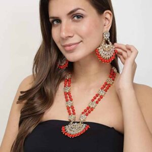 ACCESSHER Gold and Red Alloy Long Necklace Set for Women