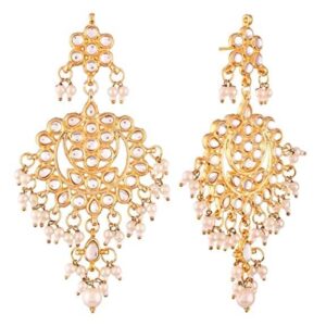 Gold-Plated Ethnic Kundan Chandbali with White Pearls Dangler Earrings for Women
