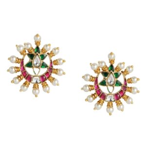 Accessher Gold plated jadau Kundan ruby and emrald embellished stud earrings for women and girls