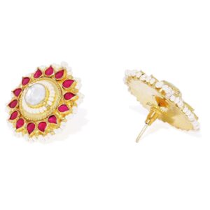 Traditional Gold Plated Oversized Jadau Kundan, Ruby Studs with Pearls Earrings for Women and girls
