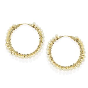 Gold Plated White Pearl Tiny Beads Embellished Hoop Earrings for Women and Girls