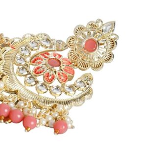Traditional Gold Plated Peach Enamel Drop Earrings Embellished with Beads and Pearls for Women and Girls