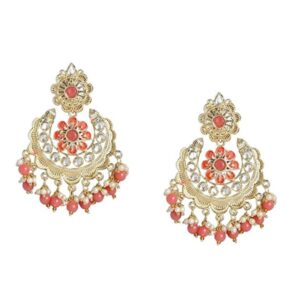 Traditional Gold Plated Peach Enamel Drop Earrings Embellished with Beads and Pearls for Women and Girls