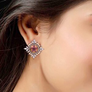 AccessHer Oversized AD Earrings with Ruby and Pearls in Gunmetal Polish for Women