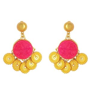 Accessher Pink Druzy Stone with Coins Drop Earrings for Women