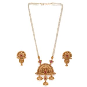 AccessHer Red & White Gold-Plated Studded Handcrafted Temple Jewellery Set