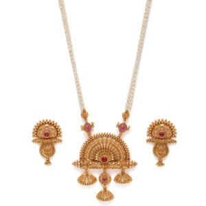 AccessHer Red & White Gold-Plated Studded Handcrafted Temple Jewellery Set
