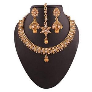 Accessher Traditional Ethnic Gold Plated Necklace Set with American Daimond for Women.-NS0417JP543G