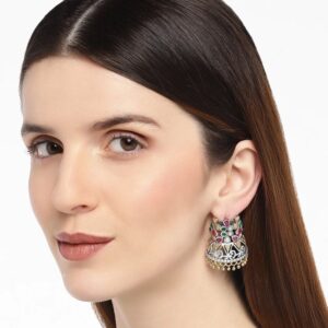Accessher Two Tone German Silver With Emrald And Ruby Jhumki Earrings