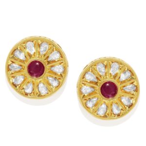 Traditional Gold Plated Wheel Shaped Rhinestone with Ruby Studded Studs Earrings for Women and Girls