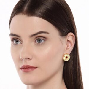 Traditional Gold Plated Wheel Shaped Rhinestone with Ruby Studded Studs Earrings for Women and Girls