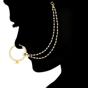 AccessHer White,red Jadau Kundan Pearl Nose Ring with double chain