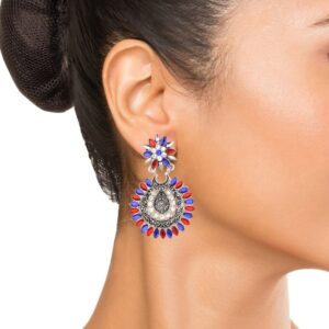 Afghani Style red and blue oxidized silver dangle earrings