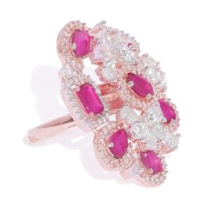American Diamond and Ruby Rose Gold Finger Ring for Women