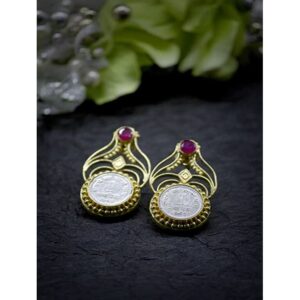 Traditional Gold Plated Coin Design Ruby Stone Studded Dangle Earrings for Women