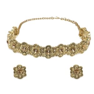 Antique Floral Gold Plated Studded Carved Choker Necklace Set for Women