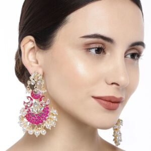 Antique Gold Plated Pink Enamel Chandbali Kundan and Pearl Studded Earrings for Women