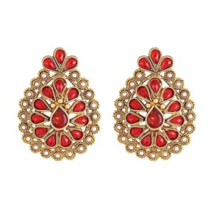Antique Gold plated, Red Kundan Tikka shaped Stud Earrings