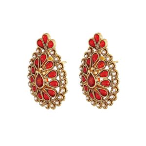 Antique Gold plated, Red Kundan Tikka shaped Stud Earrings
