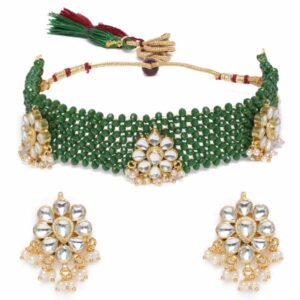 Antique Green Beaded Choker Necklace Set with Kundan Flowers