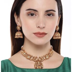 Antique Matt Gold Finish Temple Inspired Peacock Necklace Set For Women