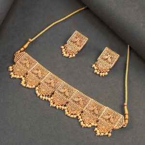 Antique Rose Gold Plated Traditional Choker Necklace & Earrings Set for Women