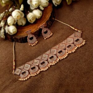 Antique Rose Gold Plated Traditional Choker Necklace Set with Earrings for Women