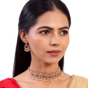 Antique Rose Gold Plated Traditional Choker Necklace Set with Earrings for Women