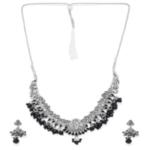 Antique Silver Plated Oxidised Black Beads Necklace Set for Women